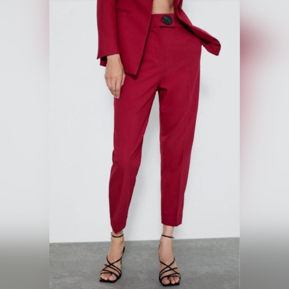 Zara Women's Maroon Pants Small 28x27 High-Waisted Cropped Cuffed Red Trousers
